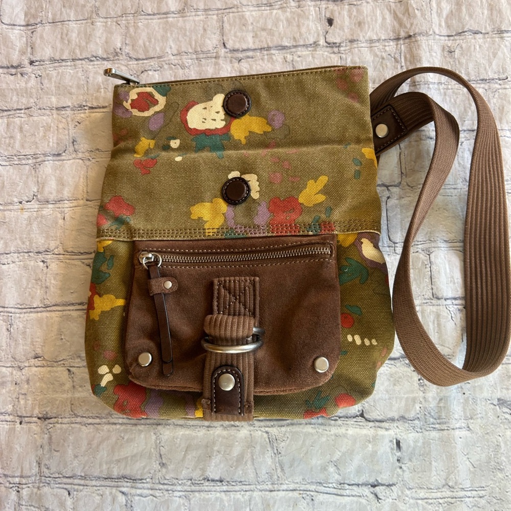 FOSSIL VTG CANVAS CROSSBODY ABSTRACT FLORAL SUEDE POCKET BAG MULTI COLOR